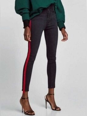 Zara Black Premium Denim Jeans With Red Velvet Stripe - Sz 8